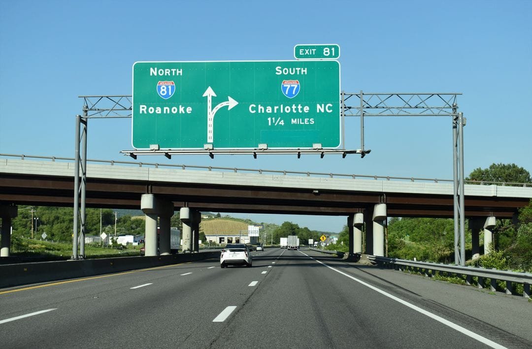 Virginia Highway Signage of Roanoke and Charlotte